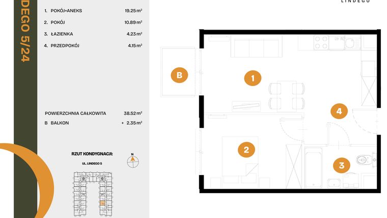 Rzut - Mieszkanie na sprzedaż 2 pokoje o powierzchni 38,52 m² - numer 24 w CLOU LINDEGO