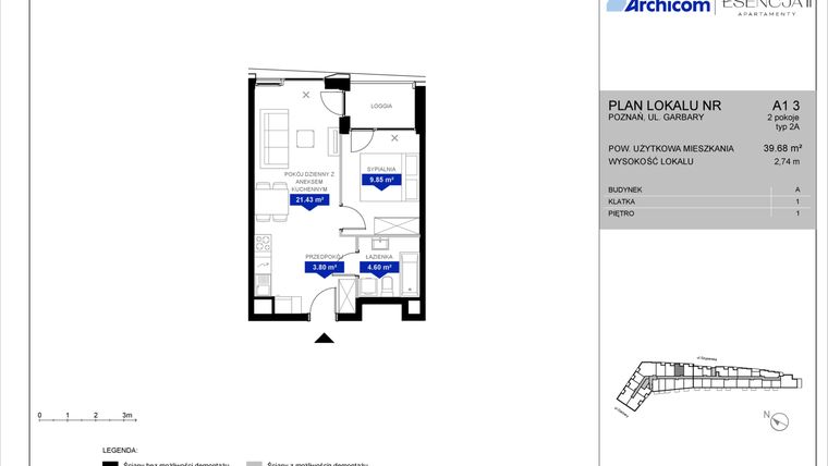 Rzut - Mieszkanie na sprzedaż 2 pokoje o powierzchni 39,68 m² - numer A1.3 w Apartamenty Esencja II