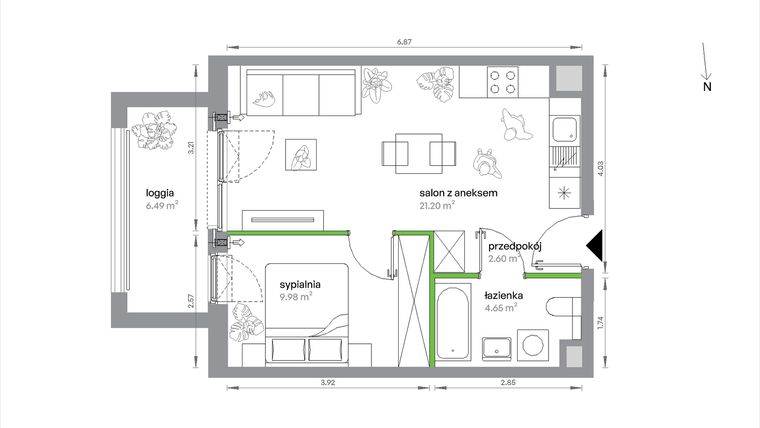 Rzut - Mieszkanie na sprzedaż 2 pokoje o powierzchni 38,43 m² - numer 1/A/2/6 w Sochaczewska Vita