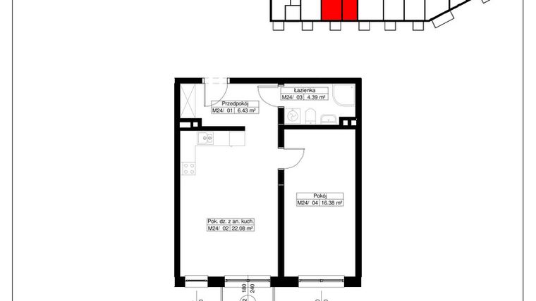 Rzut - Mieszkanie na sprzedaż 2 pokoje o powierzchni 49,28 m² - numer 24 w Światowida 61B