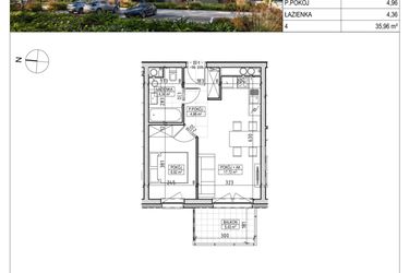 Rzut - Mieszkanie na sprzedaż 2 pokoje o powierzchni 35,96 m² - numer A3.02.32 w AURA