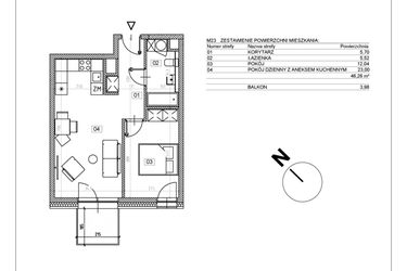 Rzut - Mieszkanie na sprzedaż 2 pokoje o powierzchni 46,26 m² - numer J.M23 w Osiedle Glivia Zachodnia