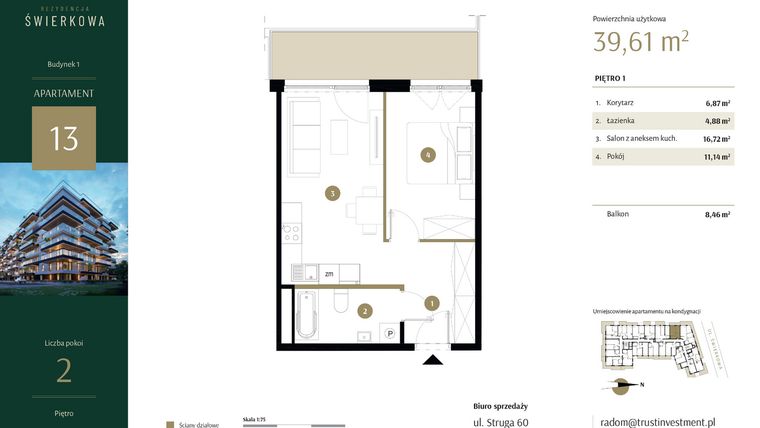 Rzut - Mieszkanie na sprzedaż 2 pokoje o powierzchni 39,61 m² - numer 13 w Rezydencja Świerkowa
