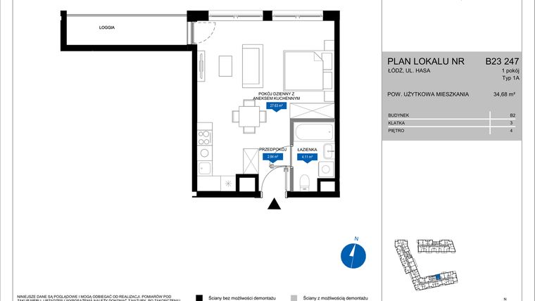 Rzut - Mieszkanie na sprzedaż 1 pokój o powierzchni 34,68 m² - numer B23 247 w Flow - bud. B2 A i bud. B2 B