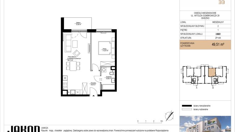 Rzut - Mieszkanie na sprzedaż 2 pokoje o powierzchni 49,51 m² - numer 2.B22 w Gombrowicza 33 - etap II