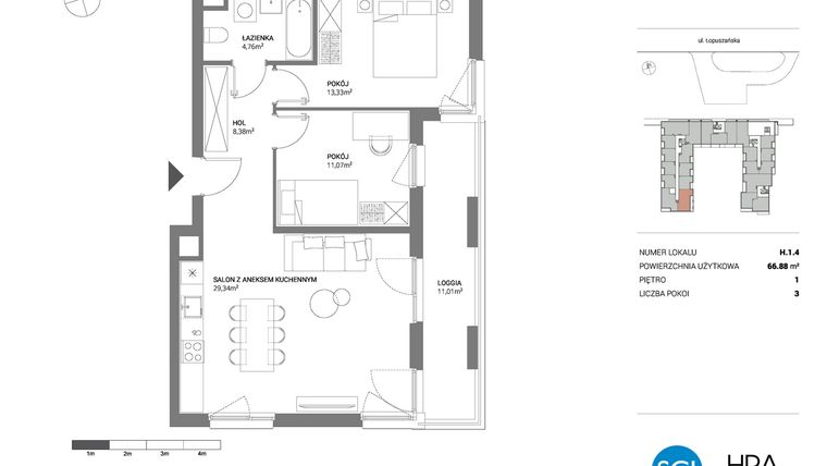 Rzut - Mieszkanie na sprzedaż 3 pokoje o powierzchni 66,88 m² - numer H.1.4 w Łopuszańska 47 - etap 3