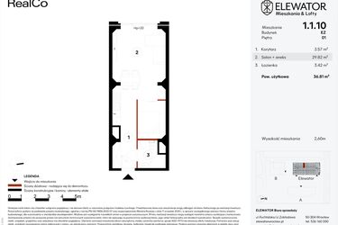 Rzut - Mieszkanie na sprzedaż 1 pokój o powierzchni 36,81 m² - numer EZ.1.1.10 w Elewator - Mieszkania i Lofty
