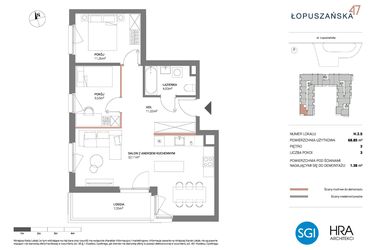 Rzut - Mieszkanie na sprzedaż 3 pokoje o powierzchni 68,85 m² - numer H.2.5 w Łopuszańska 47 - etap 3