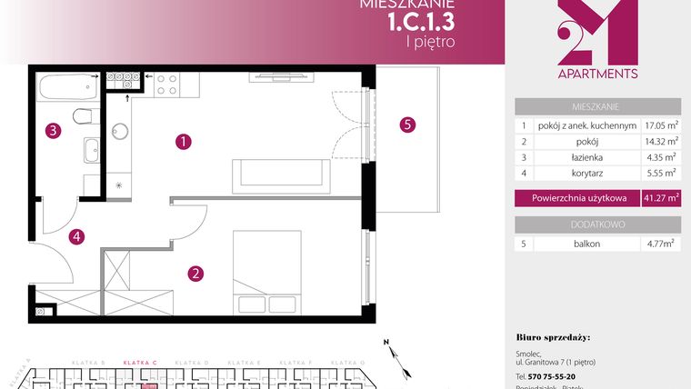 Rzut - Mieszkanie na sprzedaż 2 pokoje o powierzchni 41,27 m² - numer 1.C.1.3 w 2M Apartments etap IV
