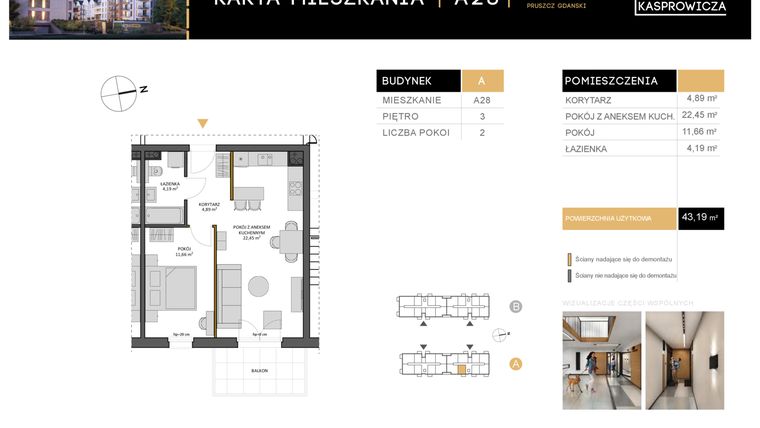 Rzut - Mieszkanie na sprzedaż 2 pokoje o powierzchni 43,19 m² - numer A.28 w Osiedle Kasprowicza