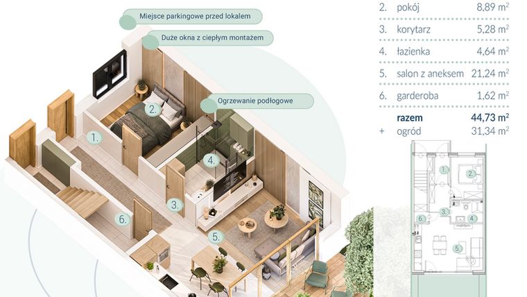 Rzut - Mieszkanie na sprzedaż 2 pokoje o powierzchni 44,73 m² - numer B.3.1 w Enklawa