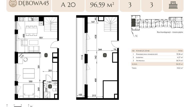 Rzut - Mieszkanie na sprzedaż 2 pokoje o powierzchni 96,59 m² - numer A.20 w Dębowa 45