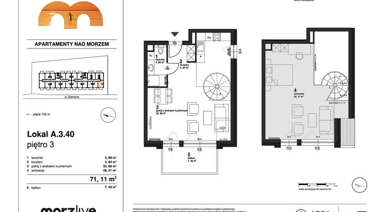 Rzut - Mieszkanie na sprzedaż 2 pokoje o powierzchni 71,11 m² - numer A.3.40 w Morzlive