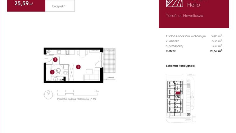 Rzut - Mieszkanie na sprzedaż 1 pokój o powierzchni 25,59 m² - numer 1.A.0.15 w Murapol Helio bud. 1 i 4
