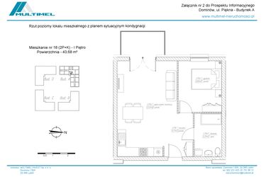 Rzut - Mieszkanie na sprzedaż 3 pokoje o powierzchni 43,68 m² - numer 18A w Dominów Rynek