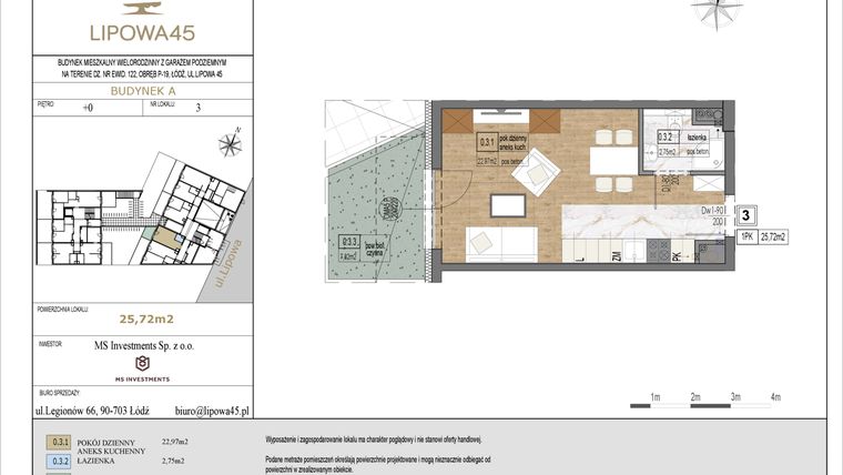 Rzut - Mieszkanie na sprzedaż 1 pokój o powierzchni 25,72 m² - numer A3 w Lipowa 45
