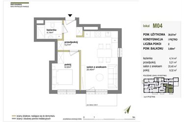 Rzut - Mieszkanie na sprzedaż 2 pokoje o powierzchni 39,07 m² - numer M04 w Międzylesie przy lesie