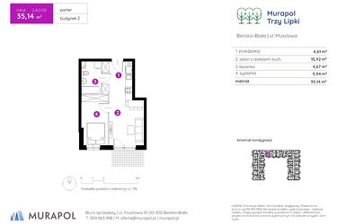 Rzut - Mieszkanie na sprzedaż 2 pokoje o powierzchni 35,14 m² - numer 2.A.0.09 w Murapol Trzy Lipki etap II