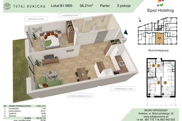 Rzut - Mieszkanie na sprzedaż 2 pokoje o powierzchni 56,21 m² - numer B1.M5 w Tutaj Bunscha