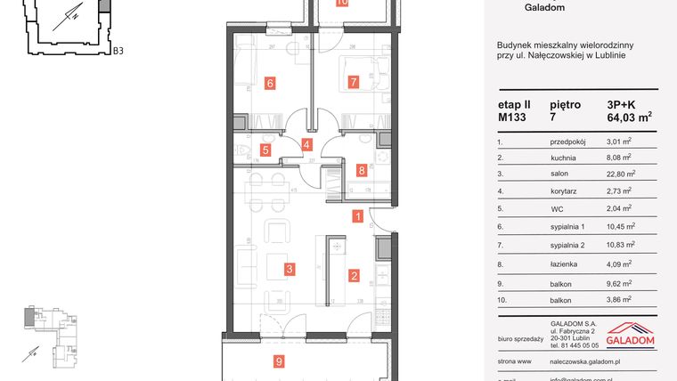 Rzut - Mieszkanie na sprzedaż 3 pokoje o powierzchni 64,03 m² - numer M-133 w Nałęczowska etap II