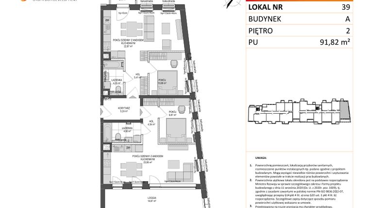 Rzut - Mieszkanie na sprzedaż 4 pokoje o powierzchni 91,79 m² - numer A.39 w Jaskółcza