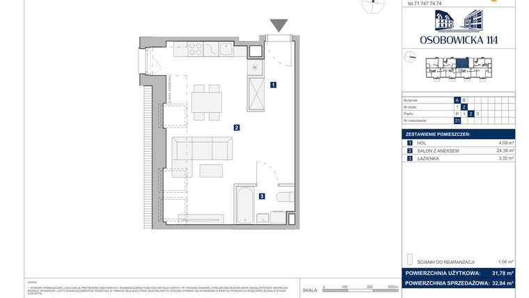 Rzut - Mieszkanie na sprzedaż 1 pokój o powierzchni 32,84 m² - numer A.21 w Osobowicka 114
