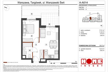 Rzut - Mieszkanie na sprzedaż 2 pokoje o powierzchni 38,37 m² - numer A-A014 w Warszawski Świt etap VII