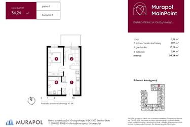 Rzut - Mieszkanie na sprzedaż 1 pokój o powierzchni 34,24 m² - numer 1.A.1.07 w Murapol MainPoint