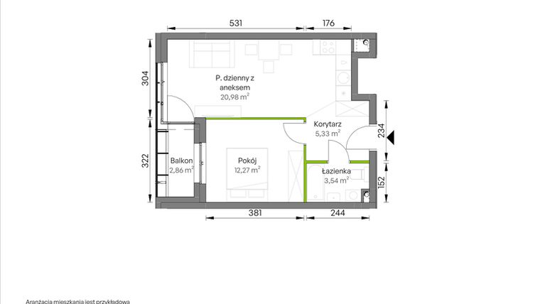 Rzut - Mieszkanie na sprzedaż 2 pokoje o powierzchni 42,12 m² - numer A1/00/06 w WUWA Vita