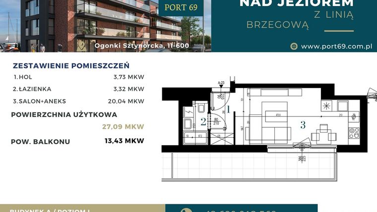 Rzut - Mieszkanie na sprzedaż 1 pokój o powierzchni 27,09 m² - numer A-23 w Port 69