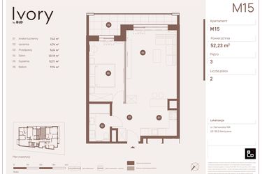 Rzut - Mieszkanie na sprzedaż 2 pokoje o powierzchni 52,23 m² - numer M15 w Ivory