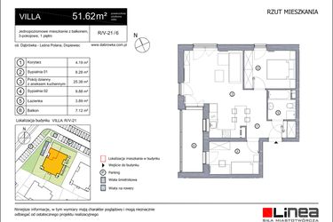 Rzut - Mieszkanie na sprzedaż 3 pokoje o powierzchni 51,62 m² - numer R_V-21_6 w os. Dąbrówka – Leśna Polana