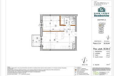Rzut - Mieszkanie na sprzedaż 2 pokoje o powierzchni 35,08 m² - numer J2-48 w Park Leśny Rembertów etap VIII