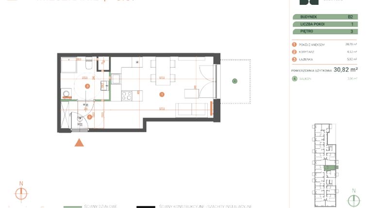 Rzut - Mieszkanie na sprzedaż 1 pokój o powierzchni 30,82 m² - numer M.03.07 w Casa Feliz Portowa
