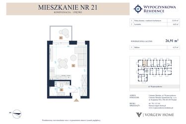 Rzut - Mieszkanie na sprzedaż 1 pokój o powierzchni 26,91 m² - numer 21 w Wypoczynkowa Residence