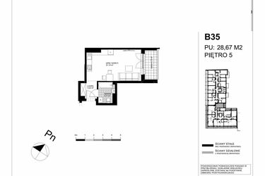 Rzut - Mieszkanie na sprzedaż 1 pokój o powierzchni 28,67 m² - numer B35 w Apartamenty Kopernika - etap II