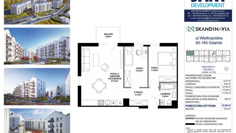 Rzut - Mieszkanie na sprzedaż 3 pokoje o powierzchni 61,6 m² - numer A.2.33 w Skandinavia