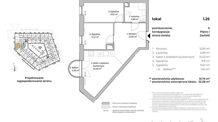 Rzut - Mieszkanie na sprzedaż 3 pokoje o powierzchni 51,35 m² - numer 1.25 w OVAL SKY