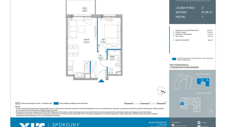 Rzut - Mieszkanie na sprzedaż 2 pokoje o powierzchni 45,58 m² - numer GC0103 w Spokojny Mokotów etap II