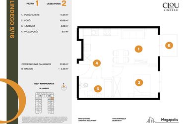 Rzut - Mieszkanie na sprzedaż 2 pokoje o powierzchni 37,45 m² - numer 16 w CLOU LINDEGO
