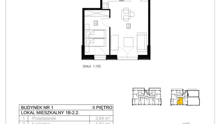 Rzut - Mieszkanie na sprzedaż 2 pokoje o powierzchni 40,04 m² - numer 1B-2.2 w Gardenia Pogodno