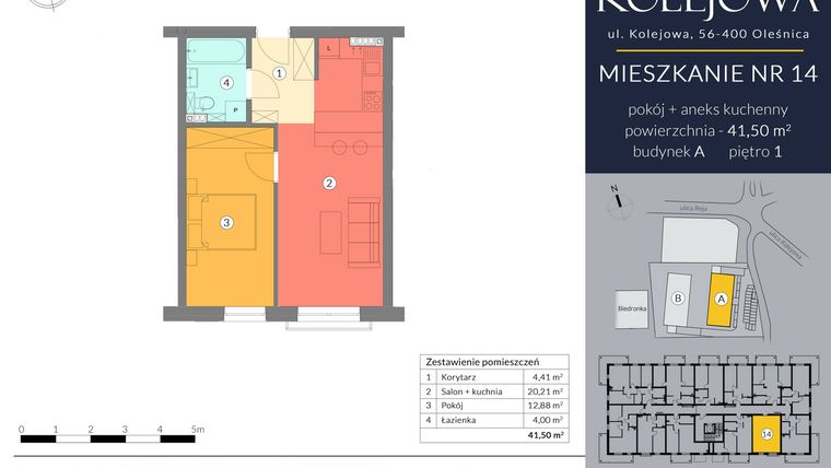 Rzut - Mieszkanie na sprzedaż 2 pokoje o powierzchni 41,5 m² - numer A.14 w Osiedle Kolejowa