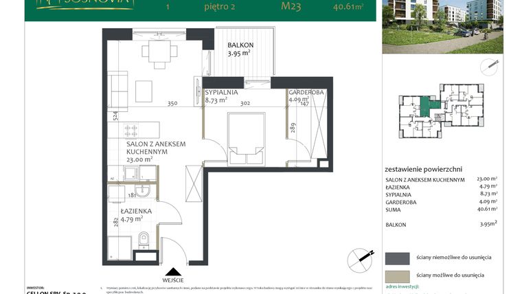 Rzut - Mieszkanie na sprzedaż 2 pokoje o powierzchni 40,61 m² - numer 1.M23 w Sosnovia