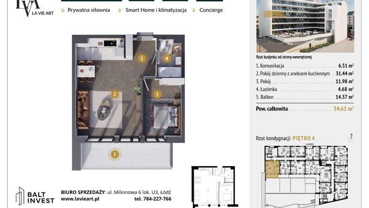 Rzut - Mieszkanie na sprzedaż 2 pokoje o powierzchni 54,61 m² - numer M4.6 w La Vie Art