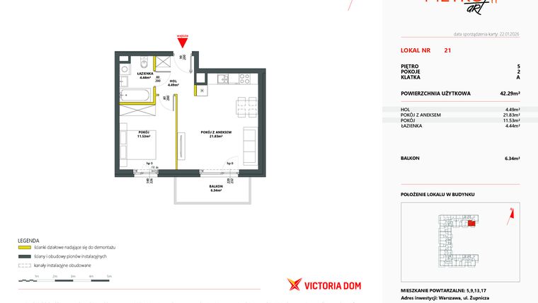 Rzut - Mieszkanie na sprzedaż 2 pokoje o powierzchni 42,37 m² - numer 21 w Metro Art 11
