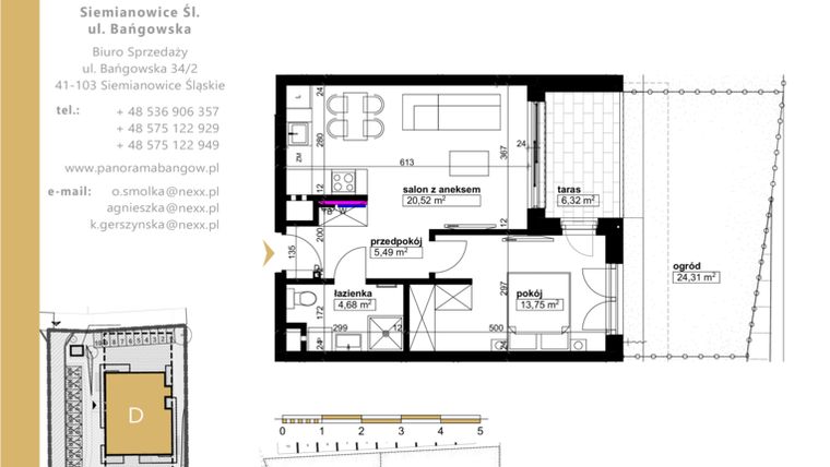 Rzut - Mieszkanie na sprzedaż 2 pokoje o powierzchni 44,44 m² - numer D.0.3 w Panorama Bańgów Etap II