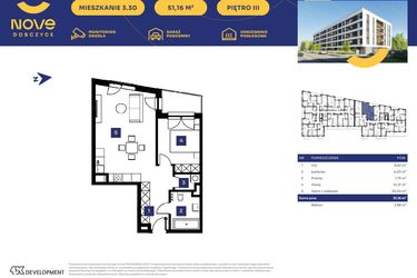 Rzut - Mieszkanie na sprzedaż 2 pokoje o powierzchni 51,17 m² - numer M30 w Nove Dobczyce