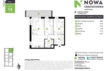 Rzut - Mieszkanie na sprzedaż 3 pokoje o powierzchni 67,86 m² - numer D15 w Nowa Częstochowa Małopolska etap II