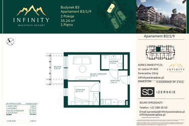 Rzut - Mieszkanie na sprzedaż 2 pokoje o powierzchni 35,24 m² - numer B3.1.9 w Infinity Mountain Resort