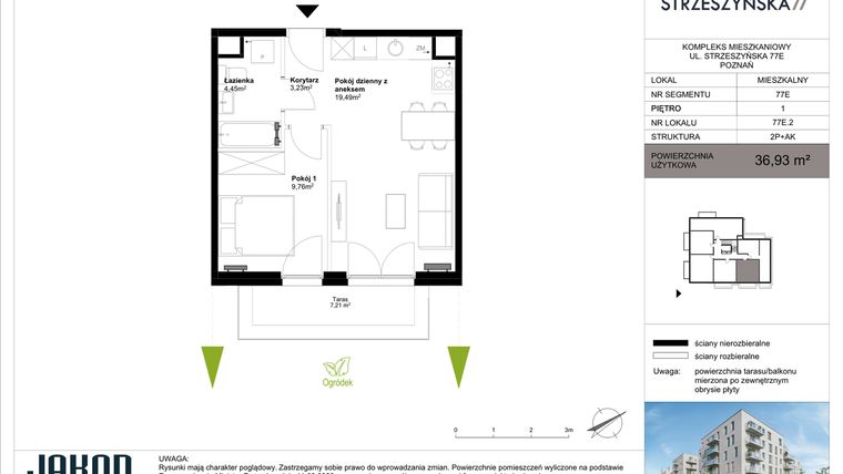 Rzut - Mieszkanie na sprzedaż 2 pokoje o powierzchni 36,93 m² - numer 77E.2 w Strzeszyńska 77